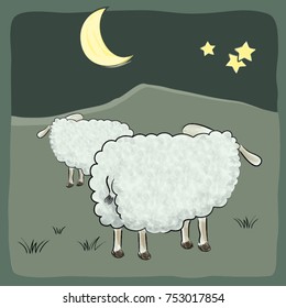 Vector illustration of two sheep staring at the moon
