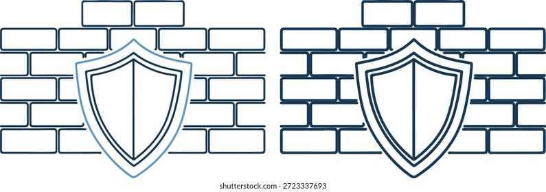 Vektorgrafik von zwei Schild-Symbolen auf Backsteinwand-Hintergrund in blauen und weißen Farben, mit einer Mischung aus hellen und dunklen Schattierungen