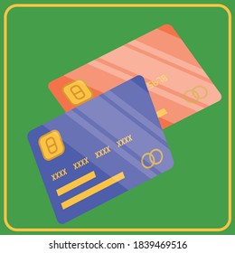 Vector illustration of two shiny credit cards on green background. Flat design credit card template.