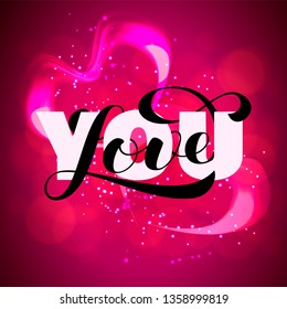 Vector illustration. Two Shiny hearts on bokeh pink background. Love you brush lettering