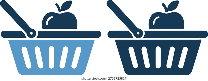 Vector illustration of two shopping baskets, one light blue and one dark blue, each containing a single apple, on a pure white background, ideal for ecommerce and shopping related designs