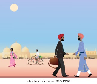 vector illustration of two sikh men meeting in a city street in india in eps 10 format