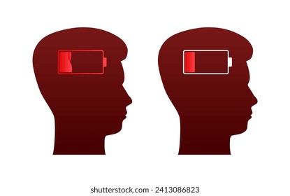 Ilustración vectorial de dos perfiles siluetados con indicadores de nivel de batería, concepto de energía mental o carga cognitiva