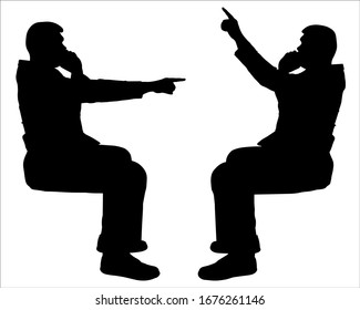 Vector illustration of two silhouettes of men sitting opposite each other. A businessman is sitting and talking on the phone. Man points his finger up or at the person sitting opposite. Black shadows.