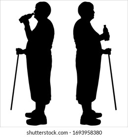Vector illustration two silhouettes of older women with walking sticks and bottles for a drink. Elderly seniors stand with their backs to each other. Thirst. After a walk, tourists drink bottled water