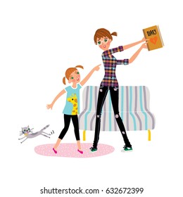 Vector illustration of the two sisters fighting for the love diary. 