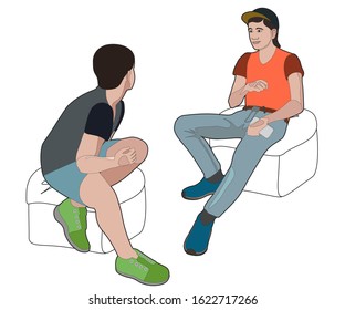 Vector illustration of two sitting boys, teens communicates in relaxed atmosphere.