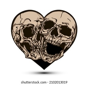 Vector illustration of two skulls inside a heart in the style of tattoo designs
