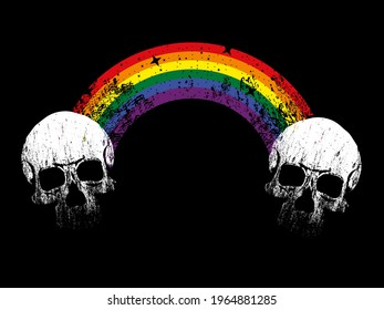 Vector illustration of two skulls linked by a multi-colored rainbow.	