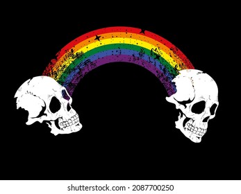 Vector illustration of two skulls linked by a multi-colored rainbow.	
