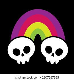 Vector illustration of two skulls linked by a multi-colored rainbow in cartoon style.