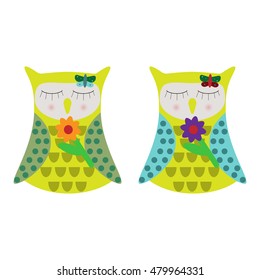 Vector illustration of a two sleeping owls on a white background