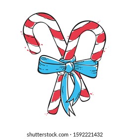 Vector illustration with two sloppy hand drawn candy canes tied with blue ribbon