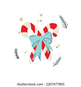 Vector illustration with two sloppy hand drawn candy canes tied with blue ribbon