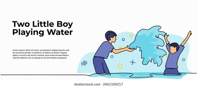 Vektorillustration von zwei kleinen Kindern, die im Wasser spielen. Moderne Wohnung im durchgehenden Linienstil.