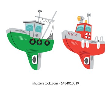 Vector illustration of two small ships. One of them is a green fishing boat, and the other is a red rescue boat. Cartoon style.