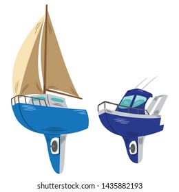 Vector illustration of two small ships. One of them is a blue sailboat, and the other is a dark blue yacht. Cartoon style.