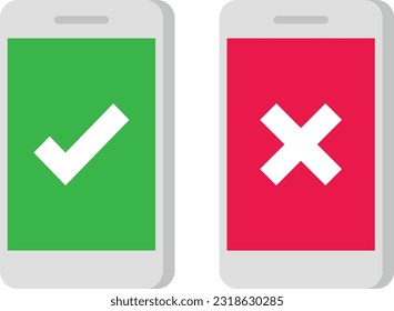 Vector illustration of two smart mobile phones with yes and no symbols. Symbols of correct and incorrect on a screen.