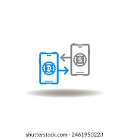 Vector illustration of two smartphone with bitcoin and dollar exchnge arrows operation. Icon of P2P Peer to Peer. Symbol of money wallet exchange.