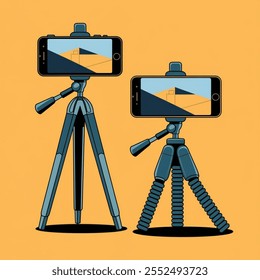 Vector illustration of two smartphones mounted on tripods 