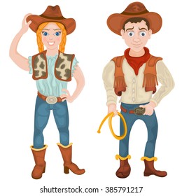 Vector illustration of two smiling cowboy characters: a girl and a boy.