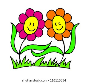 vector illustration of two smiling flowers holding hands