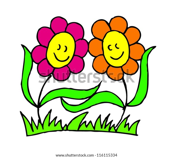 Vector Illustration Two Smiling Flowers Holding Stock Vector (Royalty