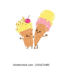 Vector illustration of two smiling ice cream cartoon characters on white background.