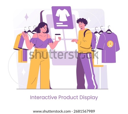 Vector illustration of two smiling people interacting with an innovative product display, examining clothing options. One holds a card, possibly making a purchase decision.