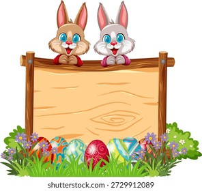 Vector illustration of two smiling rabbits behind a wooden board with decorated Easter eggs
