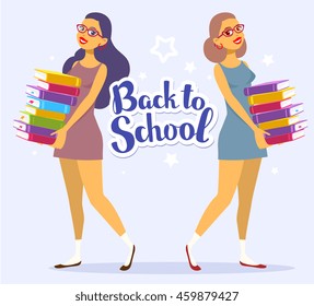 Vector illustration of two smiling young girl full length in dress with colorful pile of books in hands on blue background with text back to school. Bright design for web, site, advertising, poster