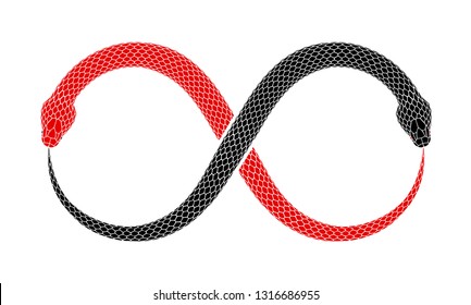 Vector illustration of two snakes are eating their tails intertwined in shape of Ouroboros sign. Tattoo design with red and black serpents isolated on a white background.