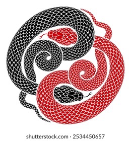 Vector illustration of two snakes intertwined in shape of Yin Yang symbol. Serpents joined as taijitu sign of balance and harmony. Tattoo design isolated on a white background.