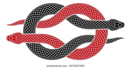 Vector illustration of two snakes intertwined in shape of granny knot sign. Serpent silhouette of grief knot symbol. Isolated tattoo design.