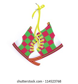 Vector illustration of two sneakers hanging on nail white background