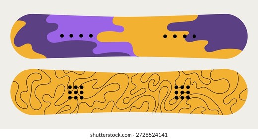Vektorgrafik von zwei Snowboards. Wintersporttafeln für Snowboarden, Mountainbike-Reiten und Alpinresorts. Alleinstehendes Design für Sportgeräte, Outdoor- und Abenteuerkonzepte