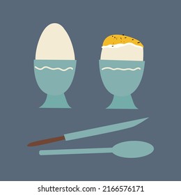 Vector illustration of two soft-boiled eggs in a boiled egg rack and kitchen utensils like a knife and fork.