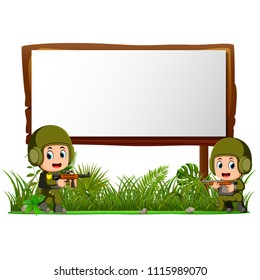 vector illustration of two soldiers by wooden signboard at the jungle