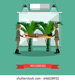 Vector illustration of two soldiers carrying stretchers with wounded fighter. Flat style design.