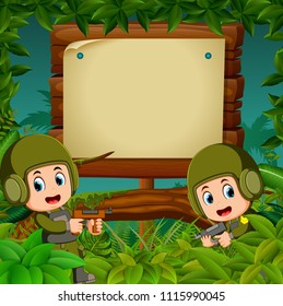 vector illustration of Two soldiers with guns in the jungle with wooden signboard