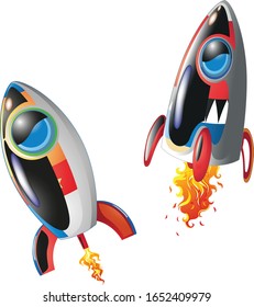 Vector illustration Two Spaces Rockets cartoon style design