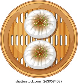 Vector illustration of two steamed dumplings in a bamboo basket. Top-down view with detailed textures and warm colors