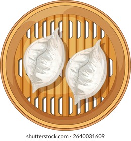 Vector illustration of two steamed dumplings in a bamboo basket. Clean lines, warm colors, and top-down composition
