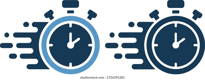 Ilustração vetorial de dois ícones de cronômetro em diferentes tons de azul, um com um contorno azul claro e o outro com um contorno azul escuro, simbolizando a comparação de tempo e velocidade