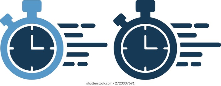 Vector illustration of two stopwatches in light blue and dark blue racing side by side with motion lines, symbolizing speed and competition on a pure white background