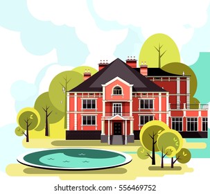 vector illustration of a two storey country mansion with a garden around it landscaped, garden maze, trees and bushes in the sky