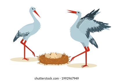 vector illustration of two storks standing next to a nest with eggs, isolated on a white background