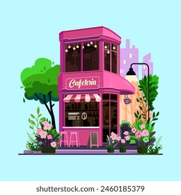 Vector illustration, two story cute pink house with a cafeteria on the ground floor