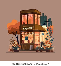 Vector illustration, two story wooden house with a cafeteria on the ground floor, autumn