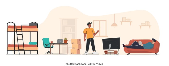 Ilustración vectorial de dos estudiantes en dormitorio - hogar durante el año académico, viviendo, durmiendo, relajando estudiando. Estilo de dibujos animados, camas, mesas, armarios. Vida en la universidad